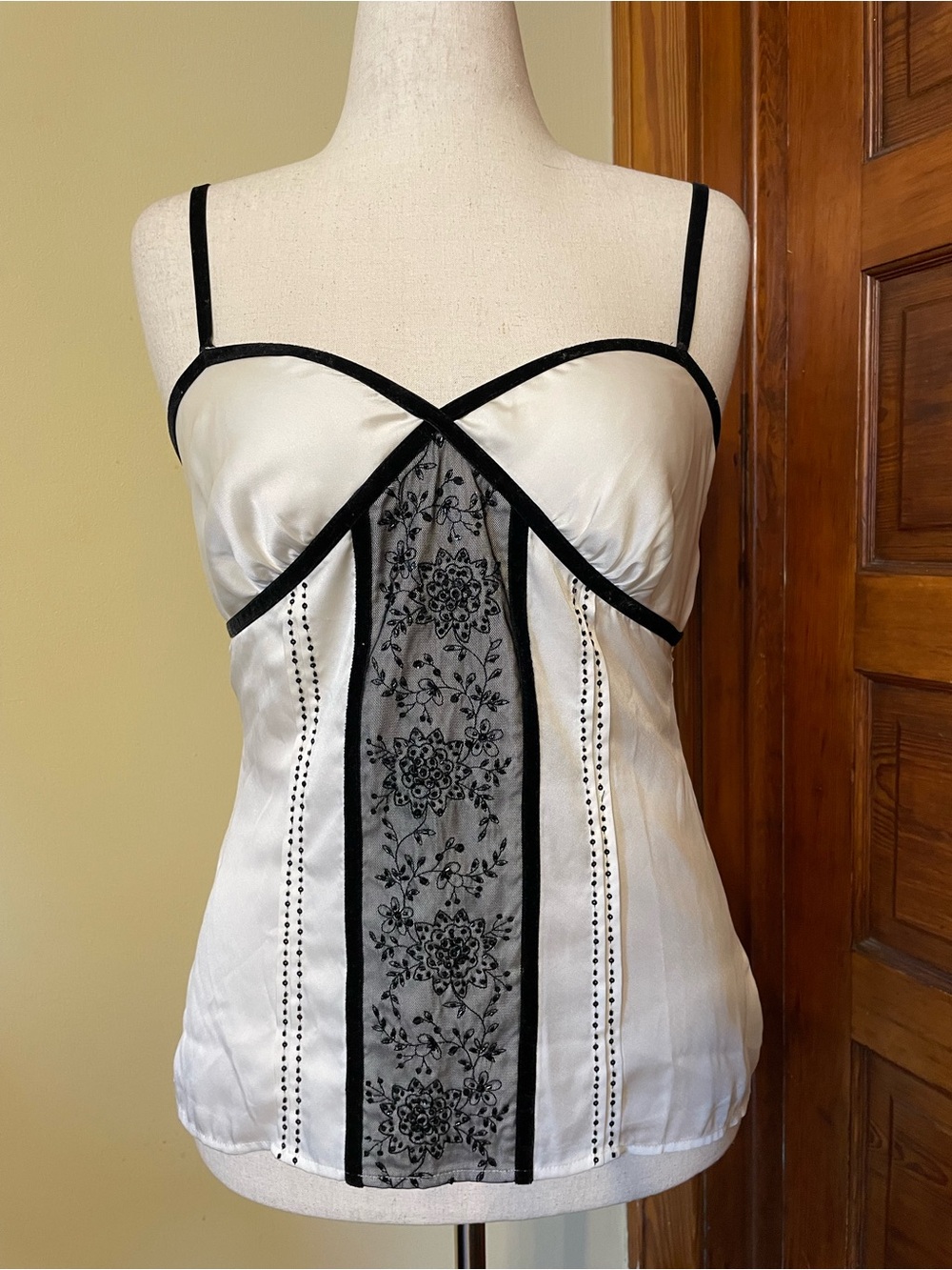 Ann Taylor Ivory Satin Camisole with Black Lace Panel